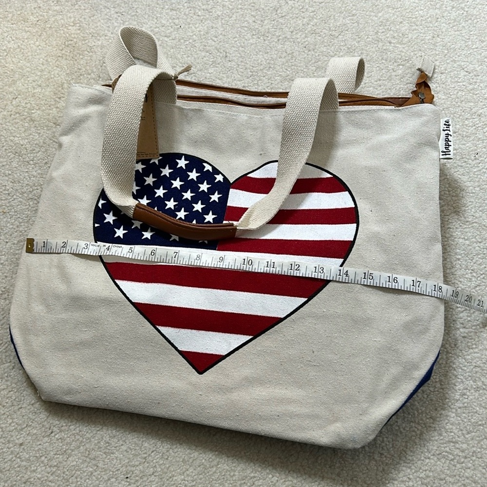 NWT, Happy Life Canvas flag heart tote bag Lg 18”X 15” - Picture 8 of 12
